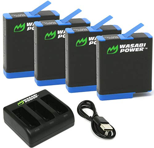 Wasabi Power Lot de 4 batteries et triple chargeur pour GoPro Hero 8 Black (toutes les fonctionnalités disponibles), Hero 7 Black, Hero 6 Black, Hero 5 Black, Hero 2018