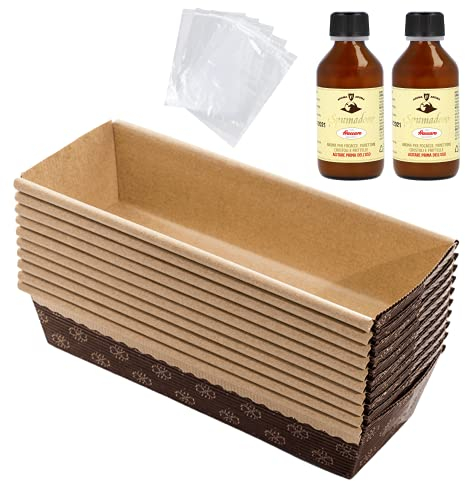 Kit Stampo per Plumcake (10pz x 400 gr) + Aroma per Dolci Fraccaro (2pz - 100 ml) + Sacchetto (10 pz), Stampi di Carta di Pura Cellulosa ideale per l’uso in Forno, resistente al calore 200°C