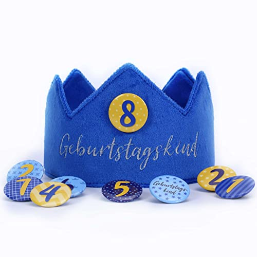 Papierdrachen Geburtstagskrone Samt mit Zahlen - Blau - für den Kindergeburtstag - Krone aus Samtstoff mit Button Zahlen von 1-8 | Party Deko Hut für Jungen & Mädchen - Set 4