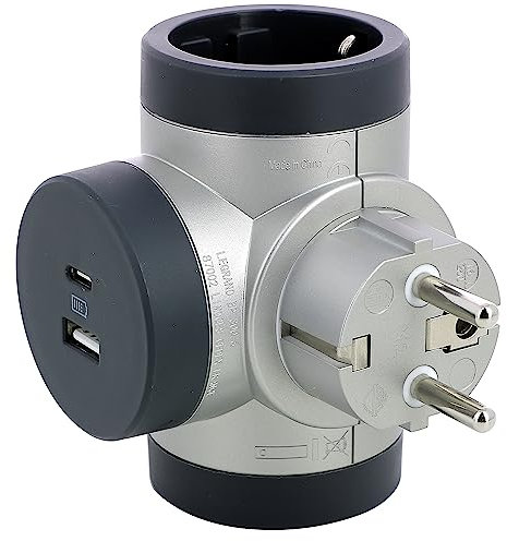 LEGRAND Adaptadores 2P+T, con 2 Tomas Laterales Giratorias, Puertos USB tipo A y C, Ladron de enchufes, Color Aluminio/gris oscuro 694522
