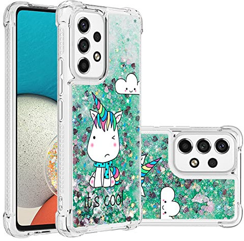 IMEIKONST Glitzer Hülle Kompatibel mit Samsung Galaxy A53 5G, Handyhülle Flüssig Mädchen Treibsand Glitzer klar Stoßfest TPU Bumper Silikon Schuzhülle für Samsung A53 5G. Bling Grün Einhorn YB