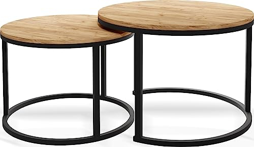 WFL GROUP Runde Satztische Couchtische - Loft Style Couchtische Metallbeine - 2 in 1 - Zwei Industrielle Getrennte Tische für Wohnzimmer - Eiche Craft