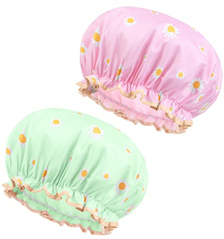 URAQT Duschhaube, 2 Stück Wasserdichte Duschhauben Damen, große Elastische Shower Cap, Wiederverwendbare Duschkappe für Mädchen Frauen Kosmetik Zuhause Hotel Reisen (Gänseblümchen)
