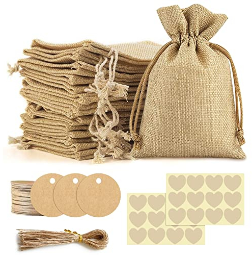 FINEVERNEK 24 Stück Jute-Geschenktüten mit Kordelzug, Jutesäckchen Kleine, Säckchen mit Kordelzug Geschenkanhänger, Wiederverwendbare Geschenksäckchen, Jutebeutel für Hochzeit, Schmuck, Party