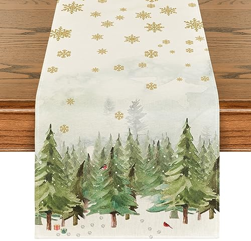 Artoid Mode Schnee Bäume Kardinäle Schneeflocken Weihnachten Tischläufer, Saisonnal Winter Küche Tisch Dekoration Drinnen Urlaub Party Dekor 40x140 cm