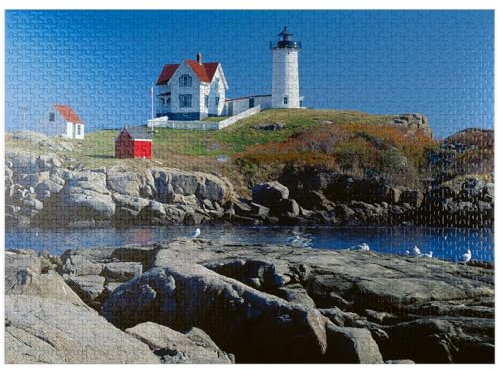 Nubble Lighthouse at Cape Neddick, York Beach, Maine, USA - Premium 1000 Piece Jigsaw Puzzle for Adults