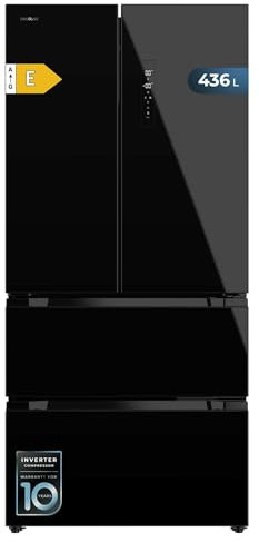 Cecotec Kühlschrank Französische Tür 436L - Bolero CoolMarket FD 436 Black Glass E. Klasse E183 cm hoch und 83,6 cm breit, Inverter Plus Kompressor, Total No Frost, Türalarm, Fast Cooling und Freezing
