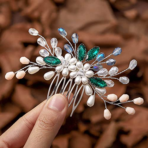 Vakkery Perlen-Braut-Hochzeits-Haarkamm, silberfarben, Kristall-Haarspange, Haarschmuck für Damen und Mädchen