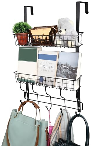 BELLE VOUS Over The Door Hook Organiser Hanger - Heavy-Duty Black Iron Shelf with 5 Hooks & 2 Mesh Baskets - Hanging Bathroom/Bedroom/Kitchen Storage Rack for Towels, Clothes & More