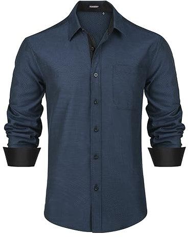 HISDERN Men's Long Sleeve Dress Shirt Solid Button Down Shirts for Wedding Party Business Navy Blue M