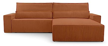 Ecksofa Denver L – Ottomane beidseitig montierbar, Ecksofa aus Cord, Couch für Wohnzimmer, Schlafsofa Sofagarnitur Eckcouch L-Form Cordstoff mit Bettkasten und Schlaffunktion (Poso 40 Orange)