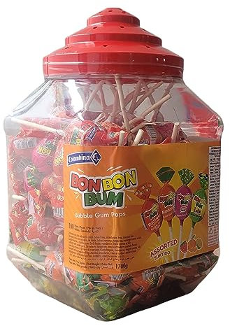 Glas – Packung mit 100 Stück – Colombina Bon Bon Bum – Paletten mit sortierten Gummikernen, 4 Geschmacksrichtungen Lulo, Erdbeere, rote Erdbeere und Mandarine, Dose mit 1700 g (100 Stück)