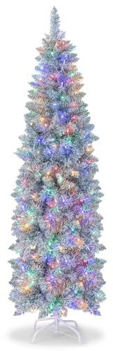 COSTWAY Albero di Natale Slim 150/180 cm, Albero di Natale con 190/250 Luci LED Colorate, 343/475 Punte e Base in Metallo Pieghevole, Albero di Natale per Casa, Ufficio e Feste (150 cm)