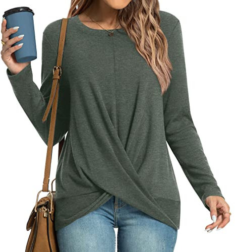HOTGIFT Women Winter Casual Tops Long Sleeve Halloween Tshirts Front Twist Blouse Olive Green Large