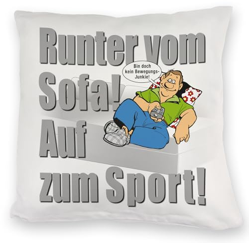Auf zum Sport! Motivations Kuschelkissen mit Text in grau und Spruch Runter vom Sofa! Auf zum Sport! EIN witziges DekoKuschelkissen, welches eine Couch-Potato daran erinnert,