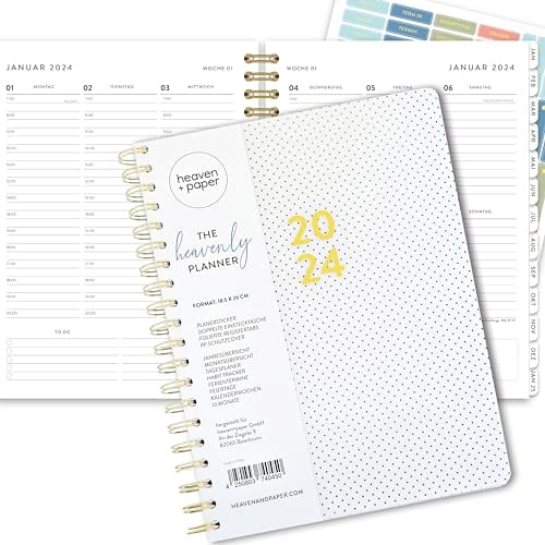 heaven+paper Terminplaner 2025 A5 eleganter Wochenplaner Ringbuch deutsch - Heavenly Weekly Planer 2025 Sticker – Premium Buchkalender Register & Feiertagen