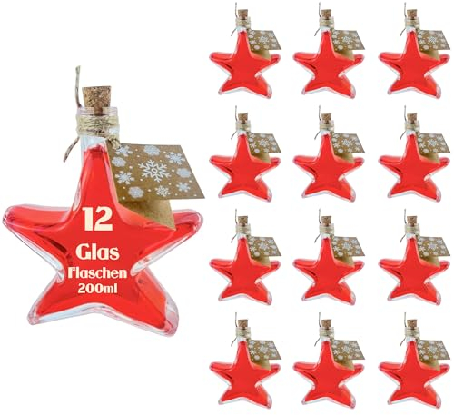 slkfactory 12 bottiglie di vetro da 200 ml, a forma di stella, per liquori, per Natale (12 x 200 ml-inclusi)