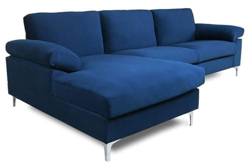 CONCEPT USINE | Canapé d'angle en Velours 4-5 Places | Design Galway Bleu | Largeur 262 cm | Angle Gauche | Confort Ultra Luxueux | Structure Bois Robuste | Pieds Métal | Style Moderne et Élégant