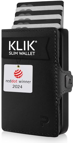 PURISTO KLIK Minimal Slim Wallet - Mini Kreditkartenetui und Geldbeutel für Herren aus Echtleder - Kleiner Credit Card Holder mit RFID Schutz für 6-8 Karten - Schwarz