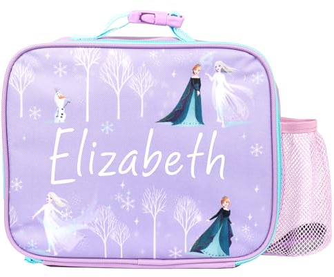 Disney Frozen Personalised Kids Lunch Bag - Thermal Insulated with mesh Drinks Holder - School and Snacks Bag for Girls - Purple