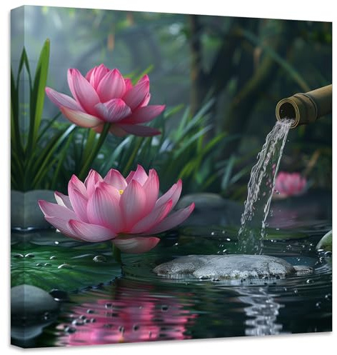 ZXHYWYM Zen Canvas Wall Art Lotus Flower Picture Prints Pink Water Lily Nature Spa Painting Spiritual Artwork for Meditation Room Decor Framed(Picture-2, (12.00 x 12.00))