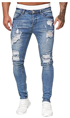 BOTCAM Sommerjeans Herren Hose Lässige Löcher Herren Gewaschene, zerrissene, ausgefranste Jeans Herrenhosen Kraftsport Hose Herren (Light Blue, XXXL)