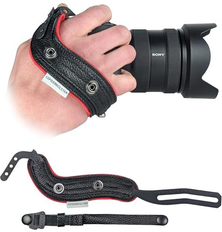 Spider Holster - SpiderPro Camera Hand Strap v2 with Snap Assembly and Optional Wrist Strap – DSLR and Mirrorless Compatible (Black Leather + Red Trim)