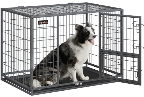 Feandrea Hundekäfig hochbelastbar, Gitterbox, transportabler Haustierkäfig, 107 x 70 x 75 cm, für mittelgroße, große Hunde, sicher, 2 abnehmbare Türen, Welpenauslauf, XL, grau PPD001G01