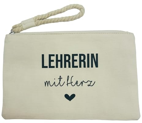 NeLi Lehrerin mit Herz Tasche mit Henkel, Geschenk für Lehrerinnen, kleines Dankeschön Abschiedsgeschenk Clutch creme