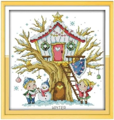 Kit punto croce capanna sull'albero 40x50 cm kit punto croce fai da te ricamo per principianti decorazione della casa 11CT kit da ricamo su tela prestampata stile minimalista fatto a mano