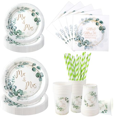Aitsite 100 Stück Pappteller Hochzeit Set, Eukalyptus Partyteller Grün Einweggeschirr mit Teller Servietten Strohhalmen und Bechern für Geburtstag Hochzeiten Baby Shower Deko Jubiläums
