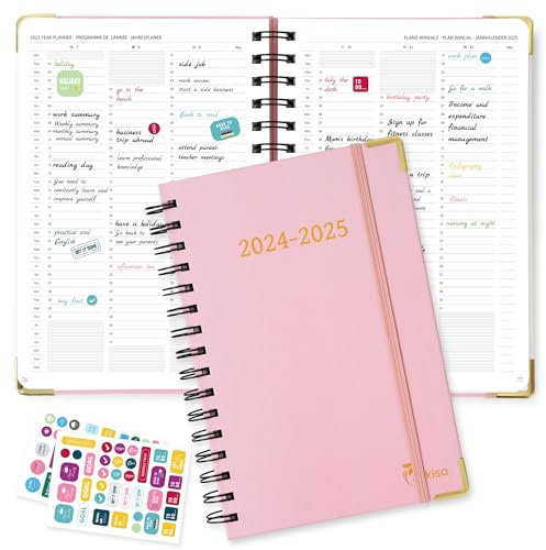 Kalender 2024 2025, Wochenplaner, Terminplaner A5 mit einer Doppelspule Gebunden, Lässt sich leicht umdrehen und flach hinlegen, Lehrerkalender für Büros, Schulen, Organisatoren (Rosa)