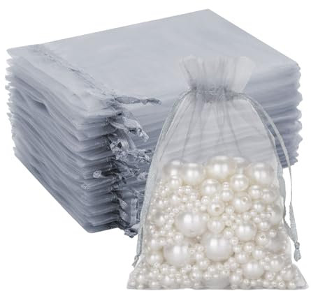 G2PLUS Silver Grey Organza Gift Pouches - 10x12 CM Small Organza Favor Bags, 50 PCS Wedding Jewelry Bags - Clear Mesh Pouches Perfect for Wedding, Christmas, Birthday, Anniversary