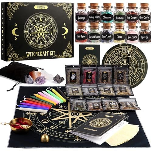 Nutgun Large Witchcraft Supplies Kit 60 PCS, Wiccan Supplies and Tools Including Witchcraft Herbs, Spell Candles, Crystals, Guidebook, Witch Altar Spell Starter Kit, Witchy Gifts for Women