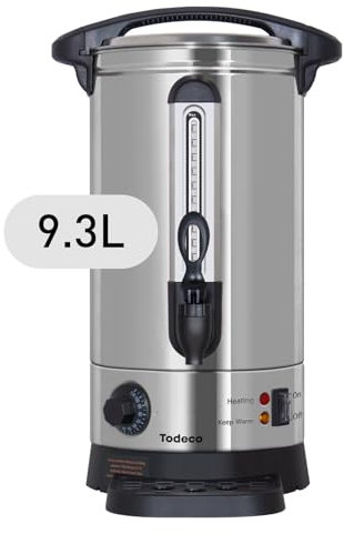 Todeco Distributeur de Boissons Chaudes 9,3L, 1500W, Marmite à Vin Chaud en Inox avec bac récupérateur, robinet, Thermostat, Réglage de la Température 30-110°C