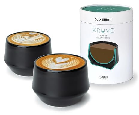 KRUVE Imagine Porcelain Latte Coffee Cups, Double Walled Latte Cups, Glass Cups Set of Two - 5oz Thermal Spherical Design, Insulated Coffee Mugs for Heat Retention (Black)