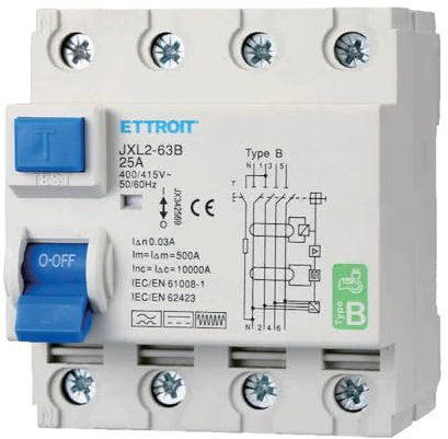 A2ZWORLD Interrupteur différentiel type B triphasé, RCCB Classe B 30mA 4P 25A, 3P+N 4 pôles 10 kA AC 400 V, occupe 4 modules barre DIN