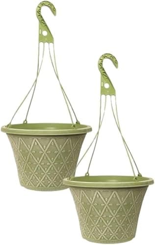30cm Hanging Basket - Decorative Round Garden Flower Plant Pot | Woven Flower Outdoor Decorative Planter – Weatherproof Plastic with Drainage Holes –For Gardens & Balconies (Moss Green, Pack of 2)