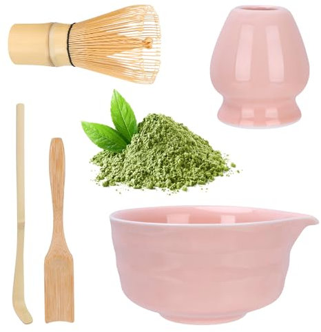 HOBEYO Matcha Set, Matcha Set Pink, Matcha Bowl with Pourer, Matcha Stirrer and Stand, Matcha Spoon, Teaspoon, 5-Piece Matcha Set Pink for Tea Lovers
