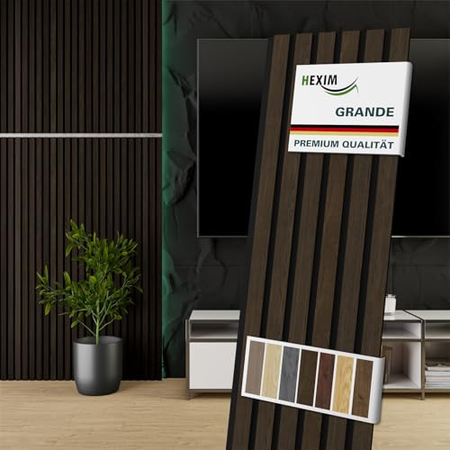 HEXIM Akustikpaneele 6 Stück 140x30cm Holz Grande - Wandpaneele Platten Lamellen Holzpaneele Echtholzfurnier 21mm Filz Schalldämmung MDF Braun (2,52m² Dark Smoked Oak)