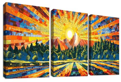 3Pcs Leinwand Bilder Set Mit Rahmen Poster Berg und Gelbe Sonne Bild auf Leinwand Malerei Abstrakt Bunte Felder und Hügel Wandbilder Wohnzimmer Schlafzimmer Esszimmer Wanddeko 50x70cm x3pcs