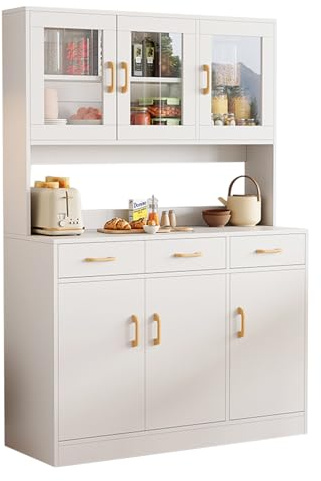 AuraFurn Armario de cocina, armario de 170 cm, armario alto de madera, armario multiusos con cajones y puerta de cristal, armario abierto con encimera, color blanco