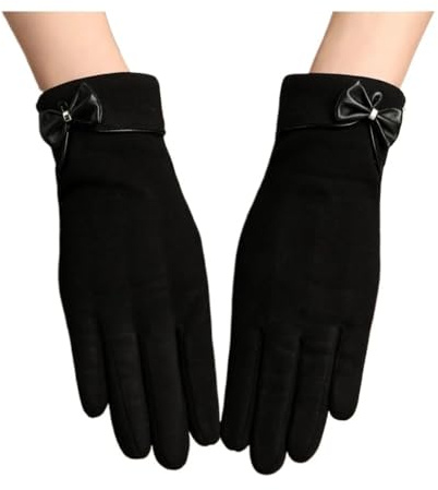 MAKOMAKI Damenhandschuhe für den Touchscreen mit Samt innen, dick, winddicht, niedlich, Schleife, elegant, elastisch, weiche Handschuhe (schwarz)