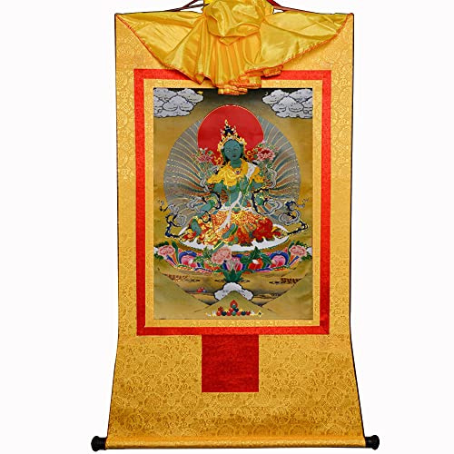 GBASDXU Tibetischer Buddhismus Thangka, Buddhistischer Wandteppich, tibetischer Thangka, Buddha, tantrischer Thangka-Wandbehang, grüne Tara, Heißpräge-Brokat-Wandteppich for Zen Hom