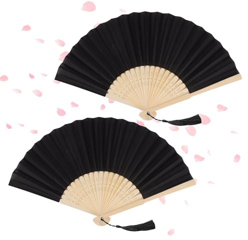 Alaoo Folding Fans, 2Pcs Handheld Fan Fabric Manual Fan Chinese Fans with Tassel for Birthday Gifts Dancing Cosplay Wedding Party Props Decoration(A Black)