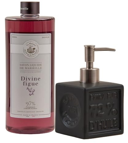 Maison Du Savon De Marseille - Organic Liquid Soap with Refillable Black Ceramic Dispenser - Kitchen & Bathroom Accessories - Divine Fig Fragrance - 1 Litre Refill and 300 Millilitre Dispenser