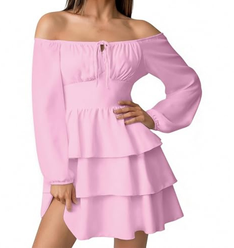 TOFOTL Abiti Corto Elegante Donna con Spalle Scoperte, Maniche Lunghe Vestiti Estivo Casual Mini, a Linea Svasata Abito con Volant Spiaggia