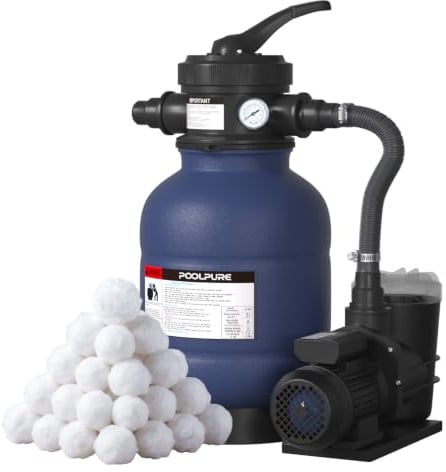 POOLPURE® Sandfilteranlage 6.4 m³/h inkl. 700g Filterbälle | 7-Wege Ventil | 2in1 Adapter Ø32mm - 38mm | Poolfilter mit Druckanzeige | Ersatz für Filtersand Filteranlage für Schwimmbecken