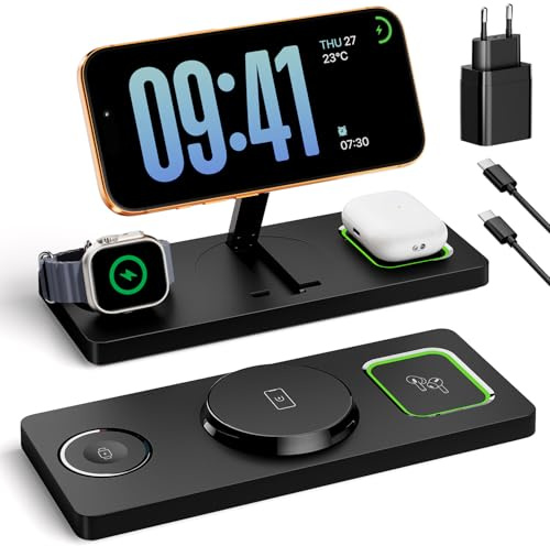 Eddibox 3 in 1 MagSafe Induktive Ladestation für iPhone, Watch & AirPods | Faltbar MagSafe Ladegerät mit LED, Wireless Charger für iPhone 17/16/15/14/13/12, Apple Watch & AirPods