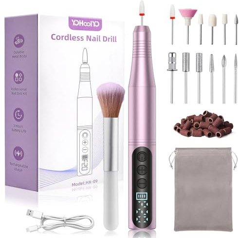 YOHOOLYO 13 en 1 Ponceuse pour Ongles Lime à Ongles Electrique Écran LED Ponceuse Ongle Professionnelle à 4 Vitesses Réglables avec Embout en Céramique Perceuse à Manucure et Pedicure Violet Clair